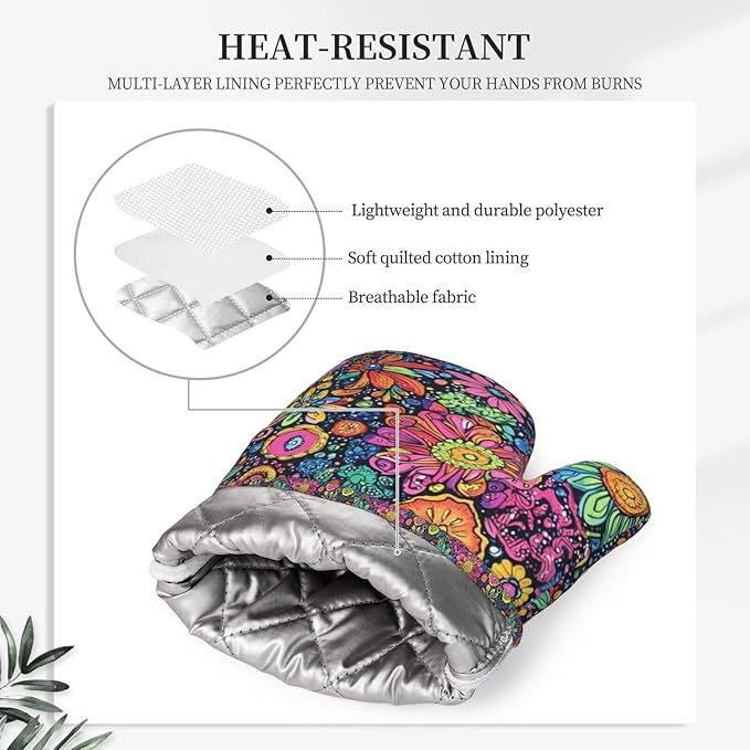 Oven Mitts and Pot Holders Set, Colorful Flower Art Silicone Kitchen Accessories 4 Piece Heat Resistant Long Gloves Potholder Non-Slip Grip for Chef Cooking Baking Grilling BBQ