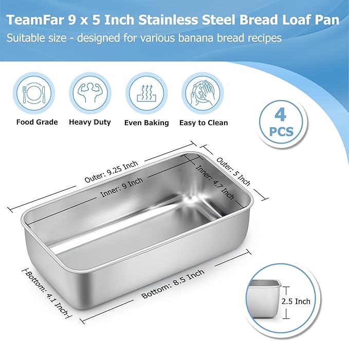 TeamFar Loaf Pan, 9¼" × 5" Bread Loaf Pans Meatloaf Pan Stainless Steel for Baking Bread Cake Lasagna, Healthy & Durable, Oven & Dishwasher Safe - Set of 4