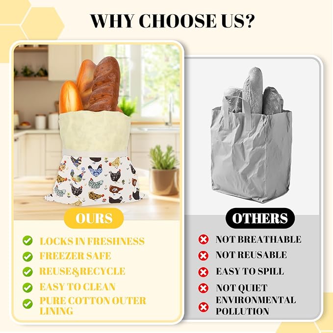 2 Pack Beeswax Bread Bags - 17x13 Inch Reusable Bread Storage Bags,Bees Wax Lined Bread Bags for Home Cooks fresh bread storage Easy Clean (Hen)