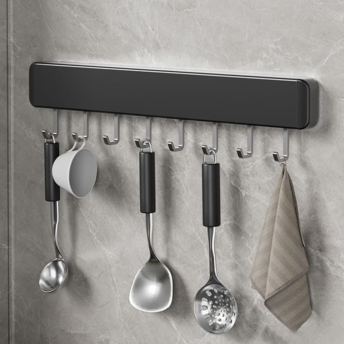Generic Kitchen Utensil Hanger Wall Mounted Hooks, No Drilling Removable and Adjustable Hooks Kitchen Rail with 8 Hooks for Hanging Cooking Utensils, Mugs, Spoons (8 Hooks), Black