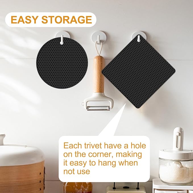 Silicone Trivet Mats, 4 Pack Hot Pads Pot Holders for Kitchen, Heat Resistant Non-Slip Trivets for Hot Dishes, Hot Pots and Pans, Countertop, Table, Food Grade Silicone & BPA Free, Black