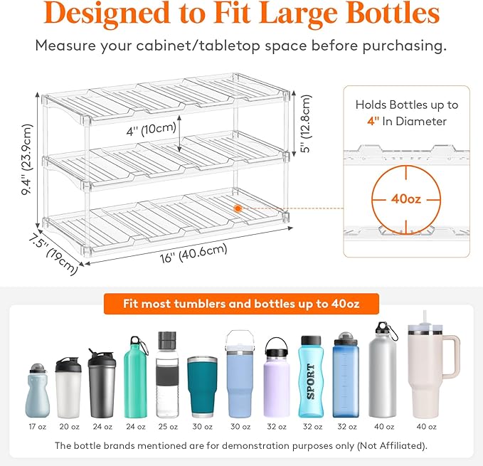 Lifewit Stackable Bottle Storage Organizer, Clear Freestanding Wine Holder for Cabinet, Large Slot Water Bottle Tumbler Cup Organizer for Pantry, Plastic Wine Rack for Fridge Cellar, 3Tier Hold 12
