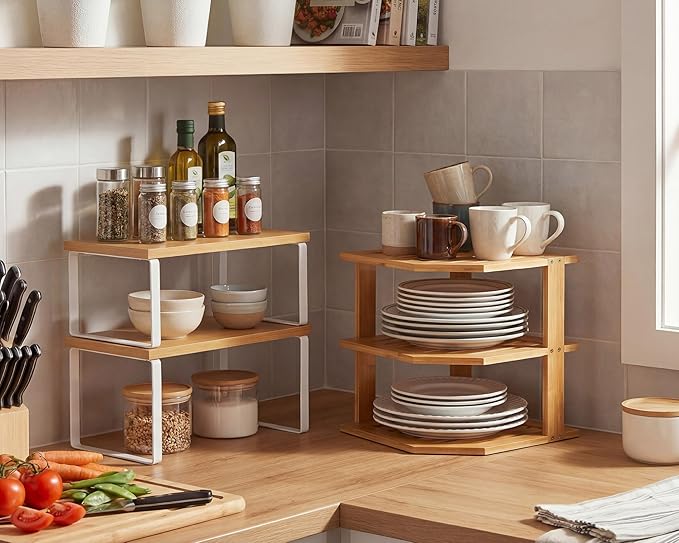 Nuanchu 3 Pcs Cabinet Organizer Shelf Bamboo Corner Rack for Kitchen Counter and Kitchen Counter Shelves for Storage Plates Dishes Bowls Bread Spice Rack Stackable Expandable