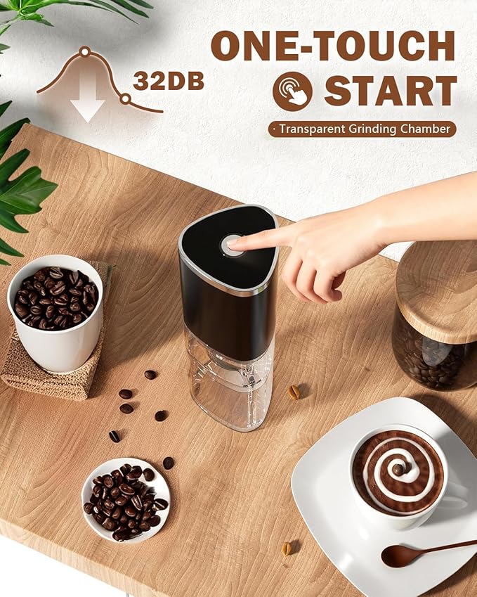 Portable Electric Coffee Grinder, Ergonomic Palm-Fitting Design for Comfortable Grip, USB Type-C Wireless Charging Adjustable Grind Settings for Coffee Beans/Grains(Black)
