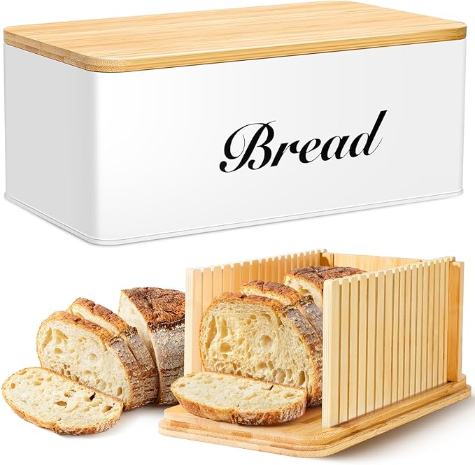 RYTOXILO Bread Slicer for Homemade Bread with Box, White Bread Storage for Kitchen Countertop with 3 in 1 Bamboo Lid, Bread Loaf Slicers Machine with Slicing Guide for Sandwich, Sourdough