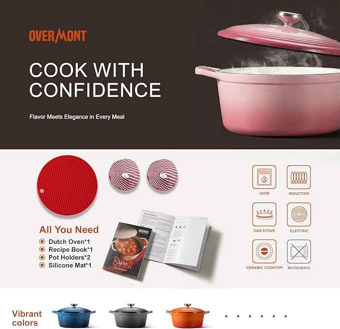 Overmont Refined Enameled Cast Iron Dutch Oven - 5.5QT Pot with Wide Handles Lid Cookbook & Cotton Potholders - Heavy-Duty Pre-Seasoned Cookware Oven Safe to 500°F for Braising, Stews, Roasting, Bread Baking