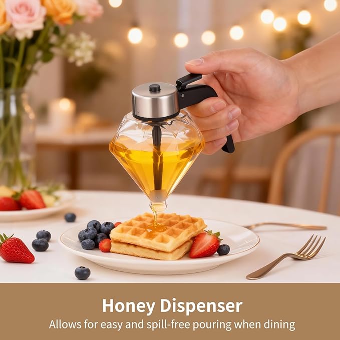 2Pcs Honey Dispenser, 6.7oz/200ml Glass Honey Dispenser No Drip,Beautiful Honeycomb Shaped Honey Jar with Stand, Maple Syrup Dispenser – Honey Pot with Stand – Honey Bottle with Flip Top Lid