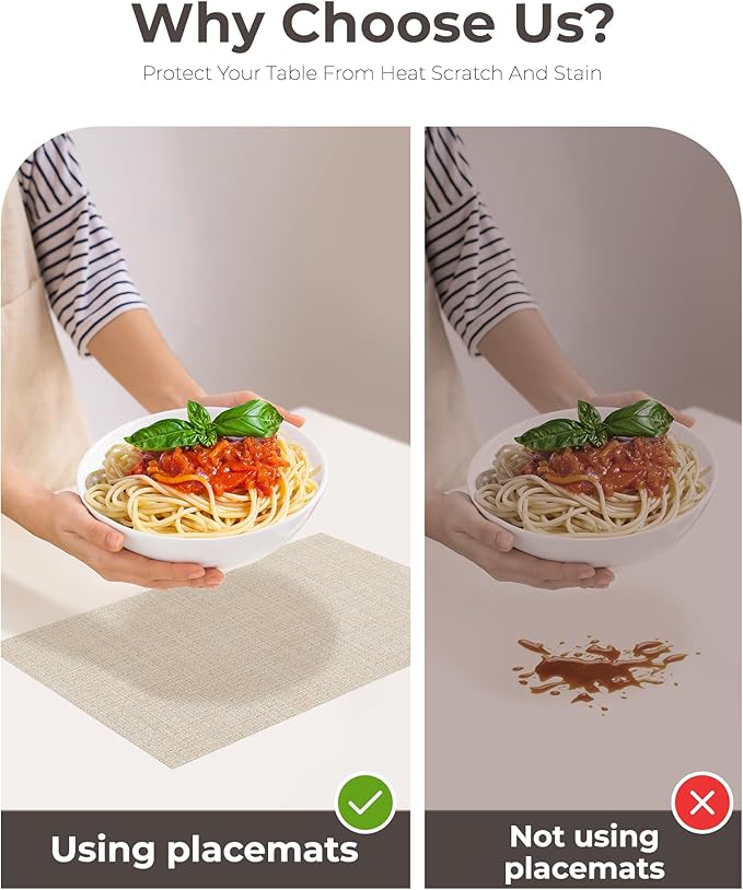 Leetaltree Beige Placemats Set of 8 - Heat Resistant Non-Slip Place mats for Dining Table, Washable Durable PVC Vinyl Woven Table Mats（Beige, 8）