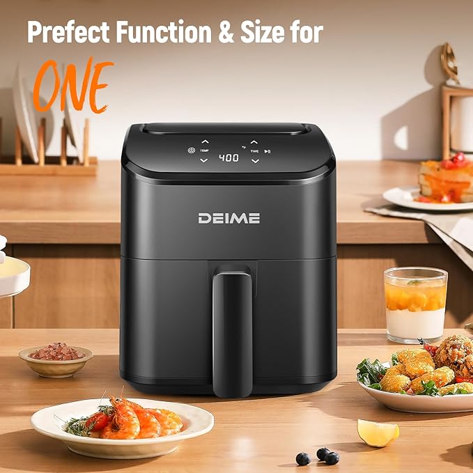 DEIME Air Fryer, Small Digital 3 Qt Airfryer Space Saving Compact, Bake, Reheat, Roasts for Quick Easy Meals, Mini Compact & Quiet, Nonstick & Dishwasher Safe Basket (Black+TR)