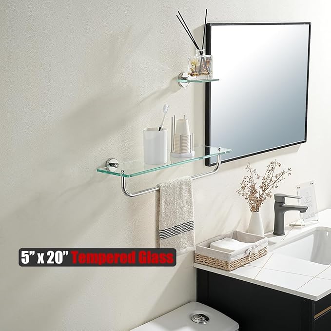 JQK Bathroom Glass Shelf Polished Chome, Shelf with 19 Inch Towel Bar Tempered Glass Shower Storage 20 by 5 inches, 304 Stainless Steel Silver Finish Wall Mount, TGS100L20-CH