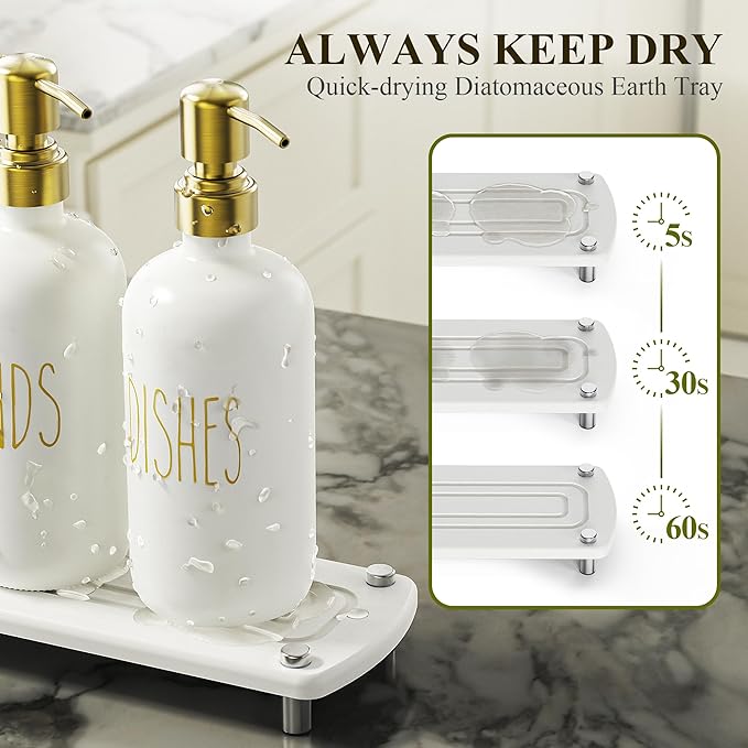 Cisily Kitchen Soap Dispenser Set Comes with Ceramics Sponge Holder, Gold Pumps, and Instant Dry Tray, Hand and Dish Soap Dispenser Set (4, Gold + White + Brush Holder)