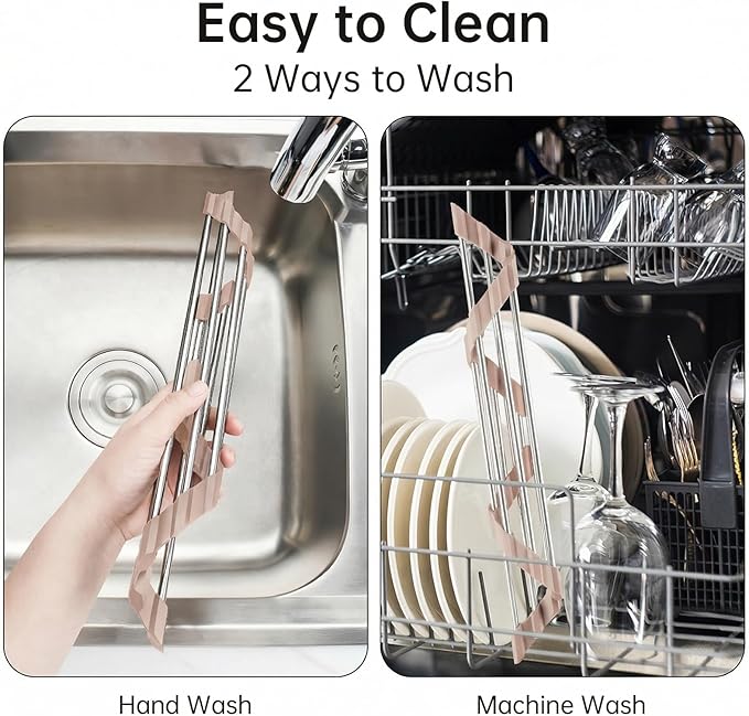 Tomorotec Foldable Stainless Steel Triangle Roll-Up Dish Drying Rack - Over-The-Sink Multipurpose Kitchen Drainer, Rustproof Organizer, Trivet and Shelf - Space-Saving(Light Beige Color)