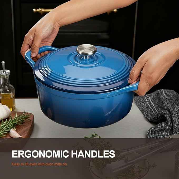 Overmont Refined Enameled Cast Iron Dutch Oven - 5.5QT Pot with Wide Handles Lid Cookbook & Cotton Potholders - Heavy-Duty Pre-Seasoned Cookware Oven Safe to 500°F for Braising, Stews, Roasting, Bread Baking