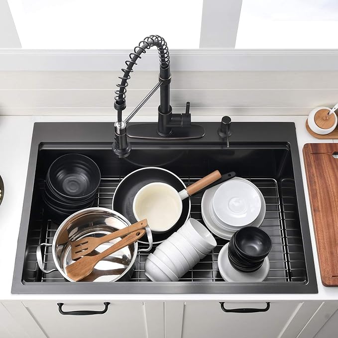 33 Inch Black Drop In Kitchen Sink Workstation - VOKIM 33x22-Inch Drop In Sink Stainless Steel Top Mount 16 Gauge Single Bowl 10'' Deep Handmade Kitchen sink with Cutting Board& Strainer
