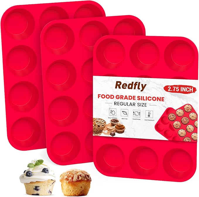Redfly 3 Pack Silicone Muffin Pans for Baking & Cupcake Pan - 12 Cup Regular Size Silicone Molds, BPA Free Egg Bites Mold