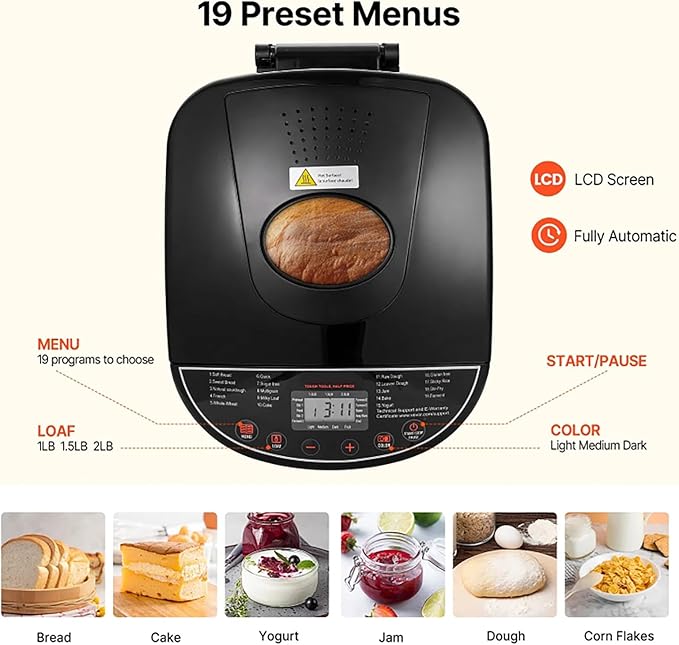 Bread Maker, 19-in-1 2LB Dough Machine, Nonstick Ceramic Pan Automatic Breadmaker with Gluten Free Setting, Automatic Compact Dough Machine Nonstick,Digital,3 Loaf Sizes, 2 Crust Colors, Black