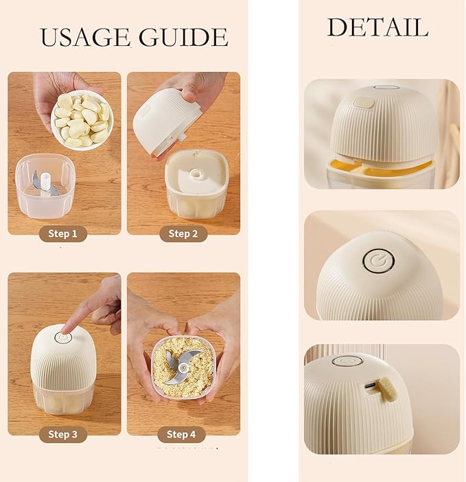 Electric Mini Garlic Chopper, 250ML Food Chopper Garlic Mincer USB, Vegetable Chopper, Onion Chopper, Portable Small Food Processor for Garlic, Ginger, Chili, Vegetables(cream)