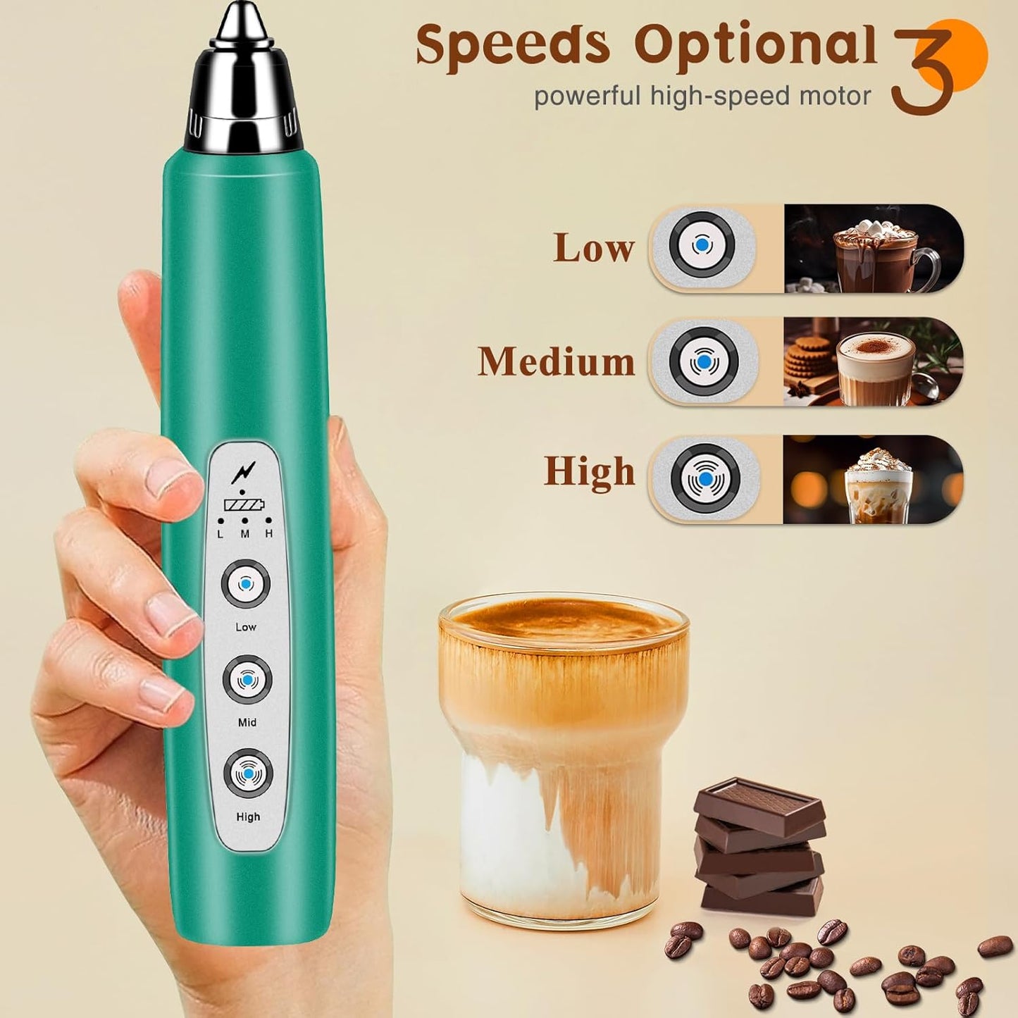 Milk Frother Handheld Rechargeable with Stand, Frother Wand Drink Mixer Electric Whisk for Coffee, Detachable With 3 Stainless Whisks, Hand Mixer for Lattes, Cappuccino, Matcha, Egg, Green