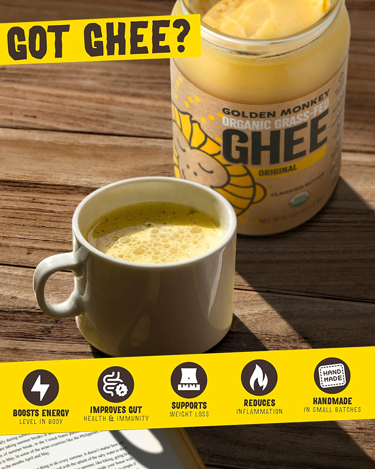 GOLDEN MONKEY Organic Ghee Butter – Grass Fed Clarified Butter for Cooking, Baking, Keto & Gut Health – Ghee Butter Organic Grass Fed from Small Farms – Smooth Spread with High Smoke Point (16oz)