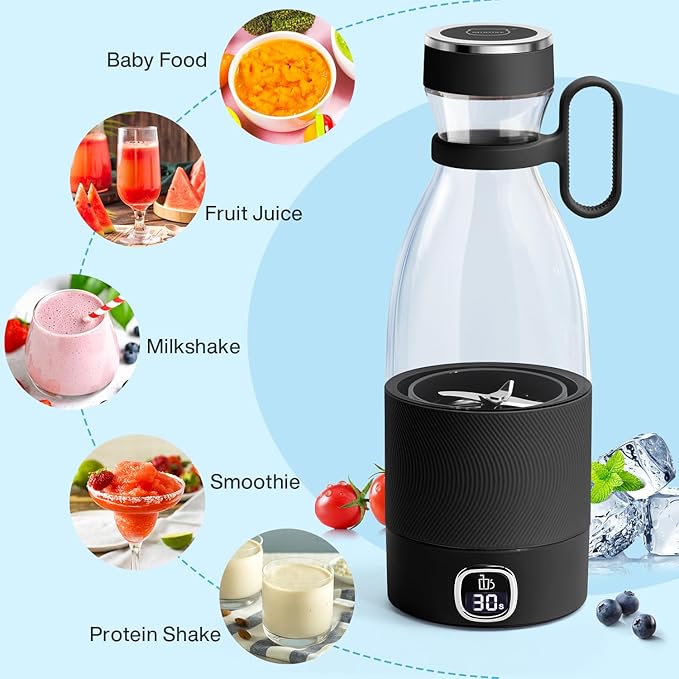 MIAOKE Portable Blender, 6 Blades Juicer Cup for Juice Shakes and Smoothies 350ml Mini Blender with Led Display Usb Rechargeable,3000Mah Rechargeable Battery, for Home Sports Outdoors Travel-Black
