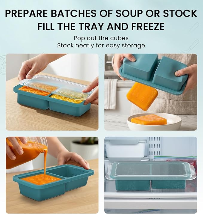 DOQAUS Silicone Freezer Molds, Reinforced Steel Frame 2-Cup Ice Cube Trays with Lid, 2-Cavity BPA-Free Soup Containers for Meal Prep, Kitchen