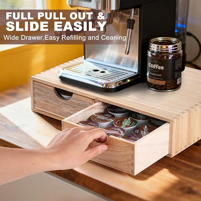 Wooden K Cup Organizer Coffee Pod Storage Box, Coffee Pod and Tea Bag Holder,Kcup Drawer Coffee Maker Stand,Home Kitchen Counter Holds Up to 30 Pods Capacity (2 Drawer) (Natural Wood Color)
