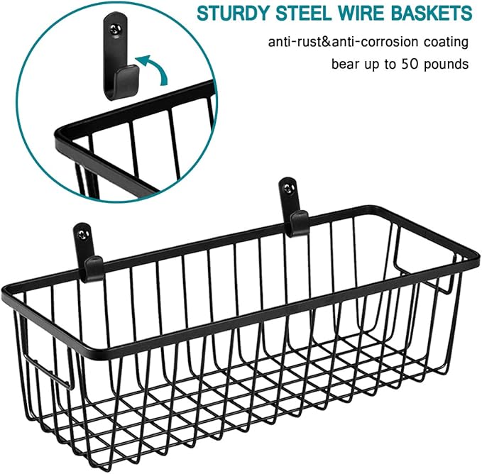 SheeChung Farmhouse Metal Wire Bin Basket with Wall Mount - Small, 4 Pack - Portable Hanging Wall Basket, Rustic Home Storage Organizer for Cabinets, Pantry, Closets, Bathroom, Kitchen,Bedroom(Black)