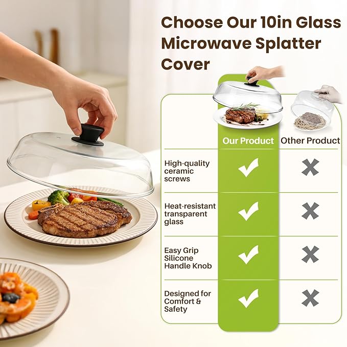 10in Glass Microwave Splatter Cover Microwave Safe Glass Lid Cover with Ceramic Screw, Heat Resistant Tempered Glass Splatter Guard, Vented Universal Microwave Plate Cover, Dishwasher Safe