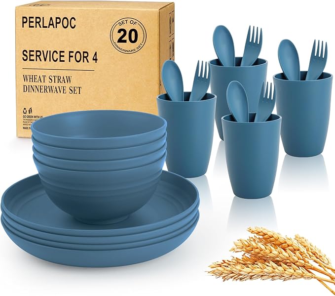 Wheat Straw Dinnerware Sets for 4, Reusable Plastic Dinner Plates, Unbreakable Kids Plates and Bowls Sets 20 PCS, Dishwasher & Microwave Safe Kitchen Camping Dorm Dish Sets- Blue