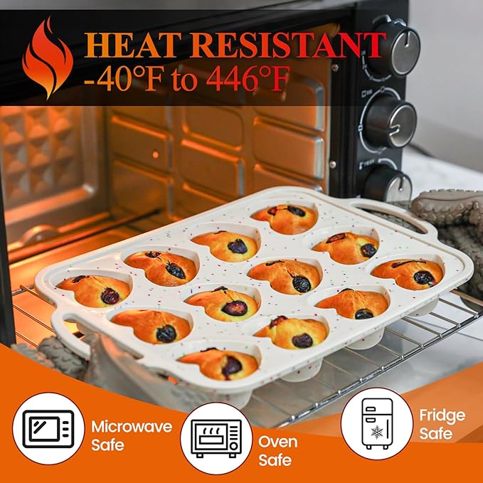 FUNBAKY 2 Pcs Heart Shaped Silicone Muffin Pan，Metal Reinforced Frame, 12-Cavity Nonstick Silicone Heart Mold for Muffins, Cupcakes, Bread,Chocolate Muffin and Tartlets