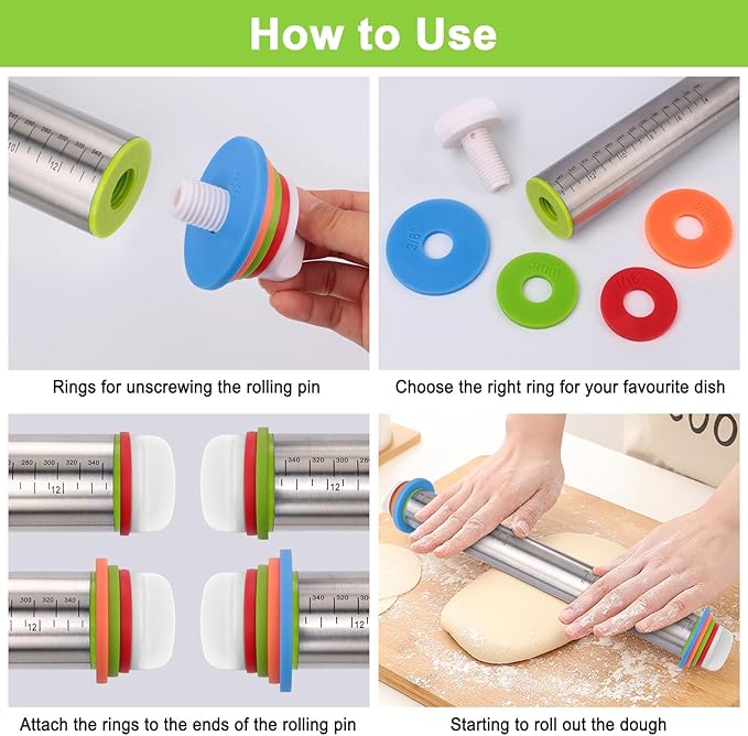 Rolling Pin with Thickness Rings and Silicone Baking Mat, Adjustable Stainless Steel Rolling Pins for Pasta or Sugar Decorating Cookies, Bread Making Tools Fondant Roller for Dough, Dumpling, Ravioli