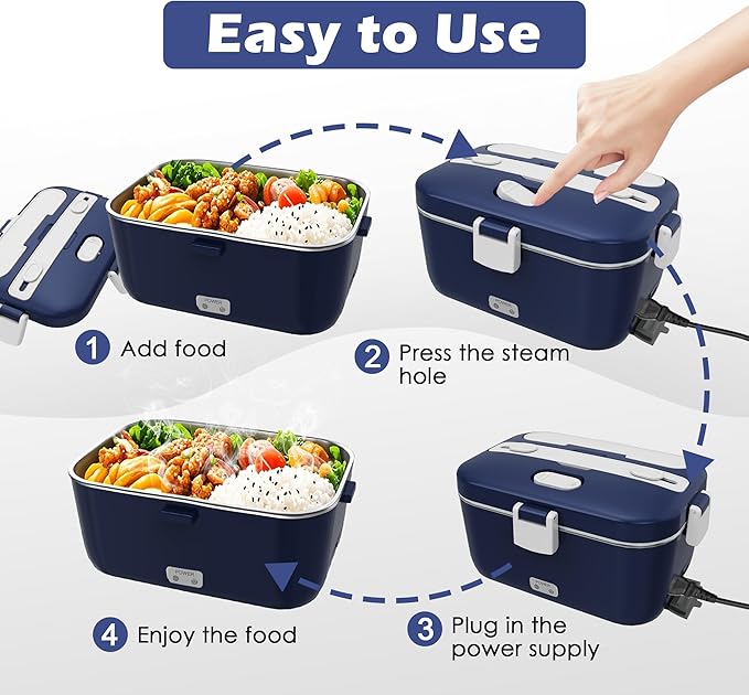 COZYEXPERT 100W Electric Lunch Box Food Heated 12V 24V 110V Fast Food Warmer Heater for Car/Truck/Home Portable Food Heating Boxes with 1.8L 304 SS Container 0.45L Compartment(Royal Blue+White)