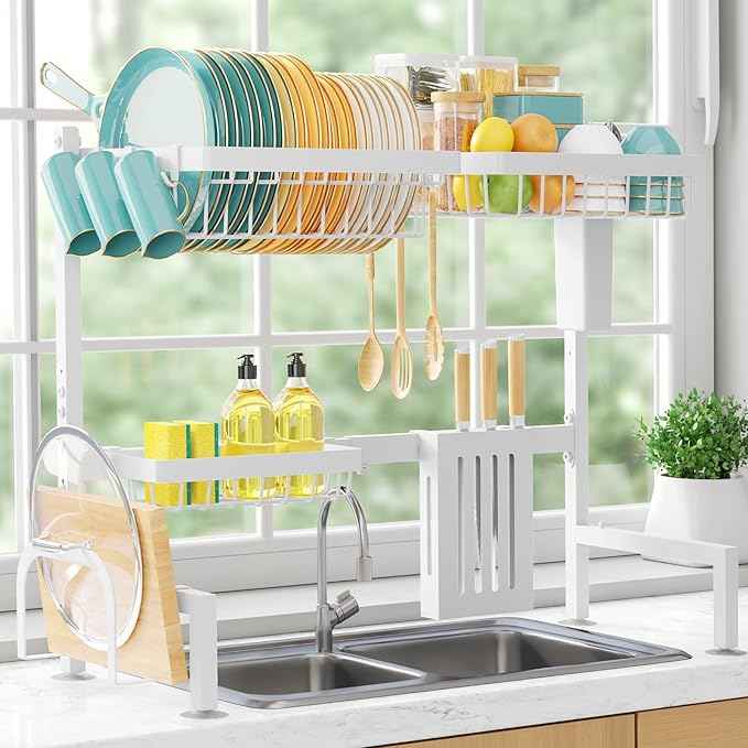 Over The Sink Dish Drying Rack - Adjustable 2 Tier Large Capacity Stainless Steel Drainer with Cutlery & Utensil Holders, Kitchen Storage & Organization, 30"-33.9" L x 11" W x 21.5" H, White