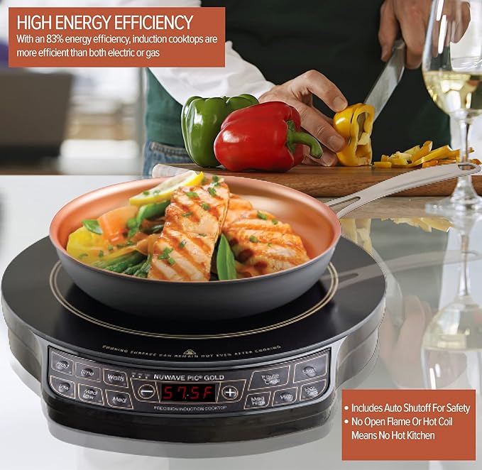 Nuwave Gold Precision Induction Cooktop, Portable, Powerful with Large 8” Heating Coil,100°F to 575°F, 3 Wattage Settings, 12” Heat-Resistant Cooking Surface