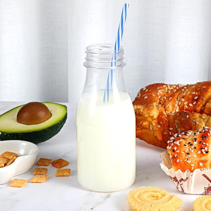 Yinkin 20 Sets Plastic Milk Bottles with Straws Lids Clear Plastic Containers for Dairy Milk Party Bottle for Juices Shakes Smoothies (8 oz,Summer Color)