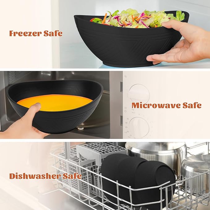 Homienly Wheat Straw Bowls Set of 6, 60 OZ Salad Bowl Large Capacity for Soup, Popcorn - Unbreakable Serving Bowl - Microwave & Dishwasher Safe Bowl, Alternative for Plastic Bowls for Kitchen - Black