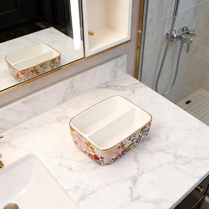 2 Compartments Ceramic Sponge Holder for Kitchen Sink, Cute Floral Pattern Countertop Dish Sponges Holder Soap Sink Organizer Caddy Farmhouse Home Kitchen Decor Vintage Pink Flowers