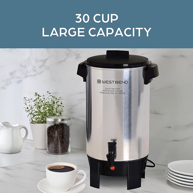 West Bend Coffee Urn Highly-Polished Aluminum Features Automatic Temperature Control with Cup Per Minute Brewing and Easy Clean Up Includes In-Basket Measuring Guide and Ready Light, 30-Cup, Silver