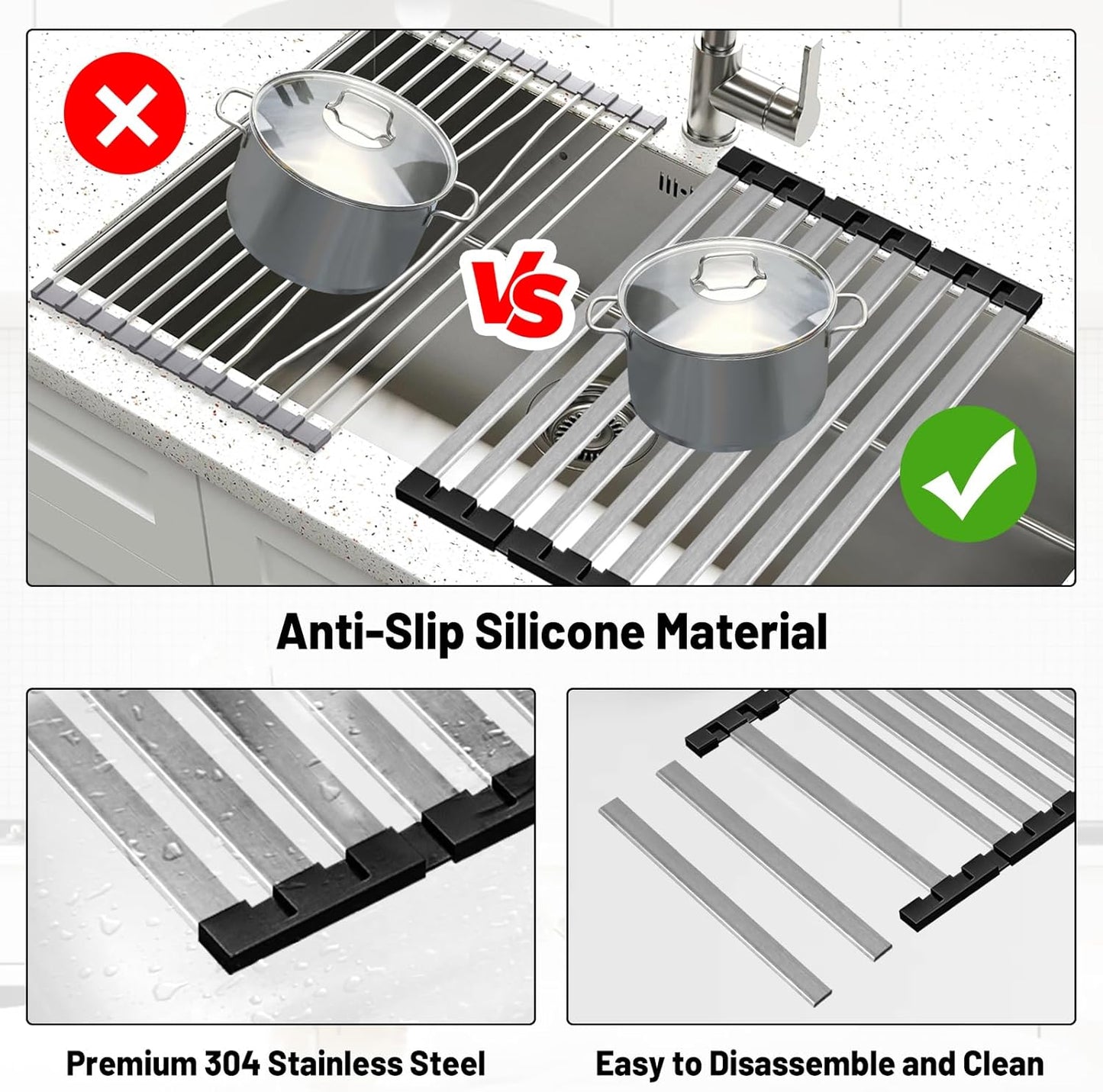Dish Drying Rack, 19.7" X 13" Over Sink Drying Rack, Kitchen Roll Up 304 Stainless Steel Drain Rack, Roll Up for Kitchen and RV Sinks, Black