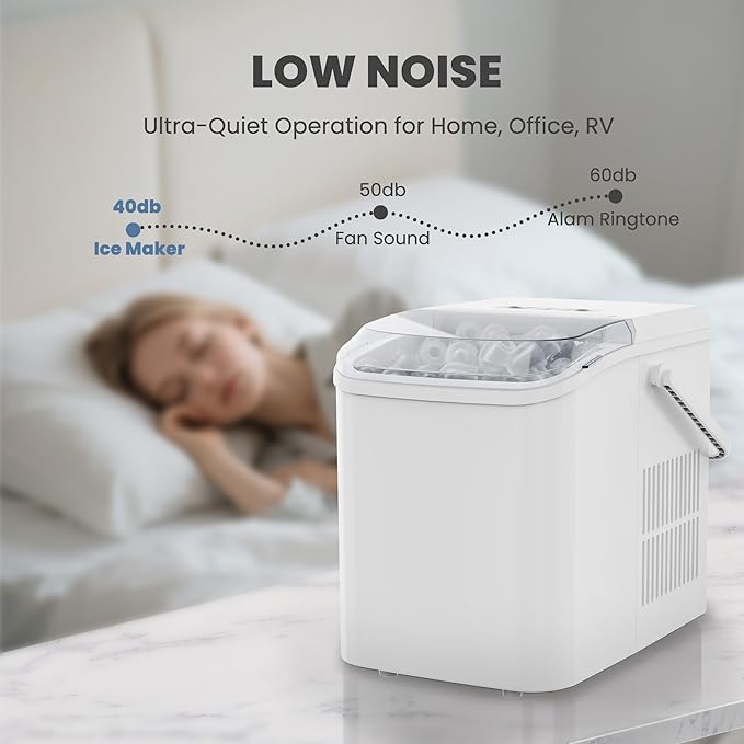 DUMOS Countertop Ice Maker with Handle, 26lbs/24H Portable Ice Machine, 9 Bullet Cubes Ready in 6 Mins, Self-Cleaning, Quiet Compact for Home, Kitchen, RV, Camping, White