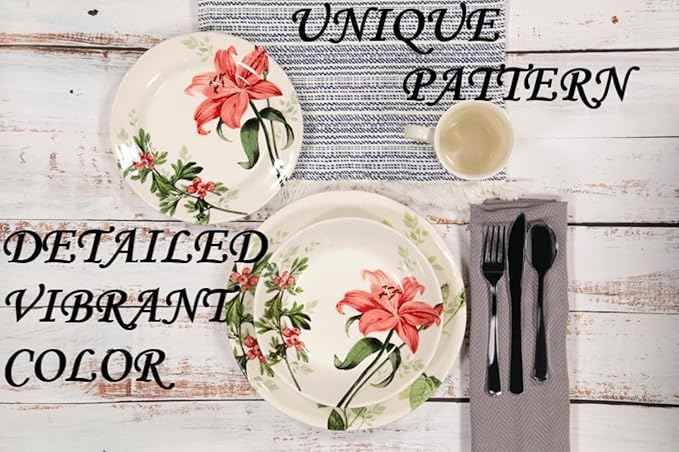 Tudor Royal 16-Piece Round Porcelain Dinnerware Set, Service for 4, Rosemary, Summer Flowers, Plates Bowls Dishes, Glossy, Premium Quality Dish Set, Unique Pattern