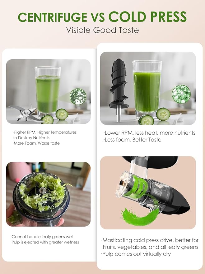 Vegetable Juicer for Celery Wheatgrass Spinach Ginger, Fruit Juicer Machines Slow Masticating Cold Press Juice Extractor Pulp Separated, Quiet Motor, Easy To Clean, BPA Free, Dishwasher Safe