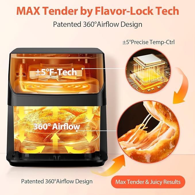 Beelicious 5.8QT Large Air Fryer, 12-in-1 Digital Airfryer with View Window Air Fryers, 40+ Recipes, Flavor-Lock Tech, Dishwasher Safe,Shake Reminder, Compact, Quiet, Nonstick. Black