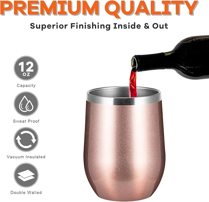 COMOOO Stainless Steel Wine Tumbler with Lid and Straw 12oz Double Wall Vacuum Insulated Wine Tumbler Cup for Coffee, Wine, Cocktails, Champagne (Black White Silver and Rose Gold,12 Pack)