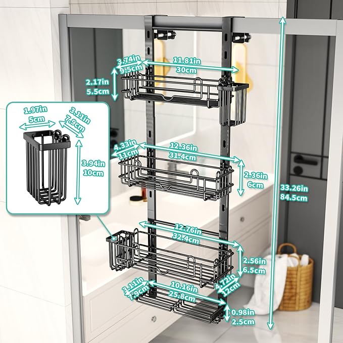HapiRm 4 Tier Over the Door Shower Caddy + Multifunctional Kitchen Sink Caddy with Drain Tray - Black, Silver