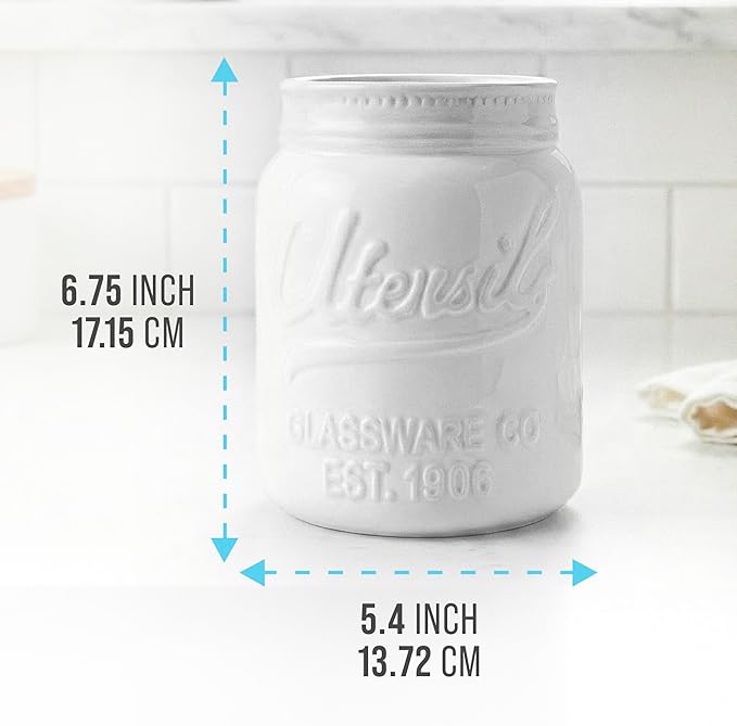 Comfify Wide Mouth Mason Jar Utensil Holder Decorative Kitchenware Organizer Crock - Perfect Cookware Gift - White, Large Size 5.4x6.75