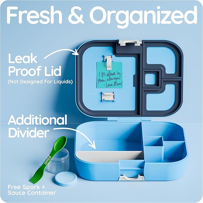 YOOPI Lunch Boxes for Kids–Toddler Bento Box with 4 Leakproof Compartment Food Bentobox Container,Lunch Box for School with Lunchbox Containers, Lightweight Sandwich Box & Snack Box (Sky Blue)