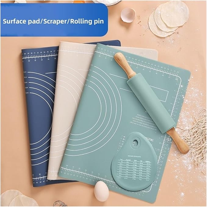 Silicone Measuring Kneading Pad Set Household Rolling Pin Dough Large Thick Non-slip Non-stick Bottom Baking Tool(Scraper blue)