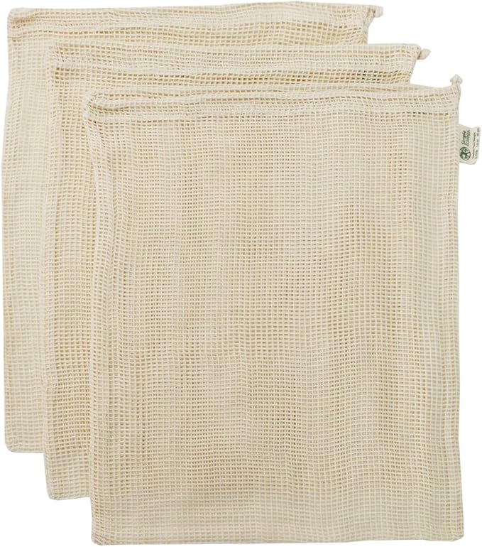 Simple Ecology Reusable Produce Shopping and Storage Bags, Drawstring, Washable Organic Cotton Mesh, X Large 3 pack