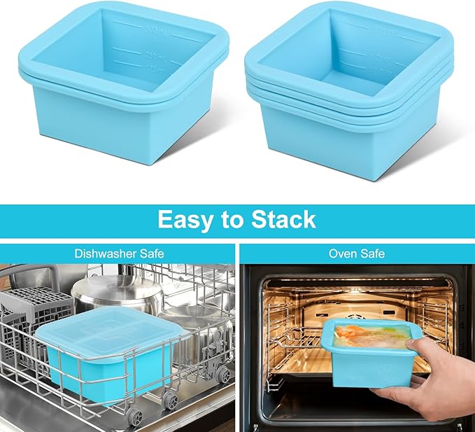 Silicone Freezer Tray with Lid 4 Pack Silicone Freezer Molds Ice Cube Tray Makes 4 Perfect 2 Cup Portions Soup Cubes Meal Prep Containers- Oven & Dishwasher Safe